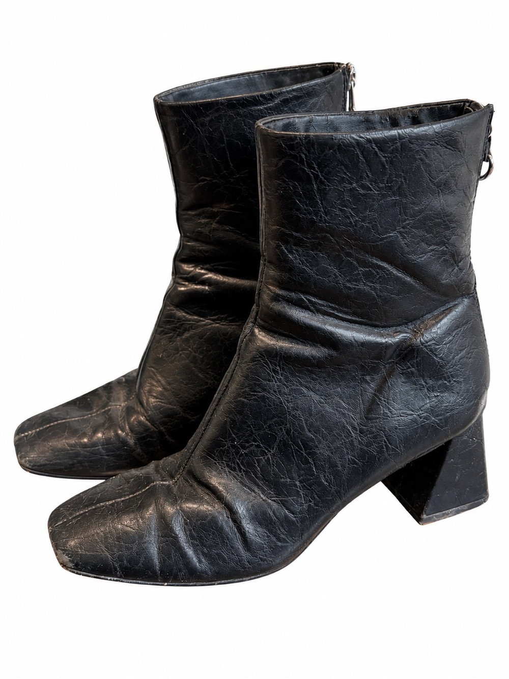Topshop Breeze Black Crinkled Patent Square-Toe Block Heel Ankle Boots Size 7.5